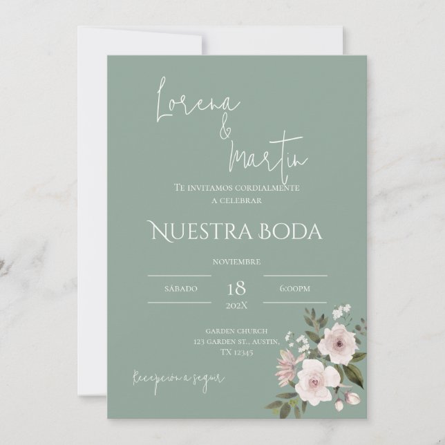 Invitación a la boda española de Sage Greenery (Anverso)