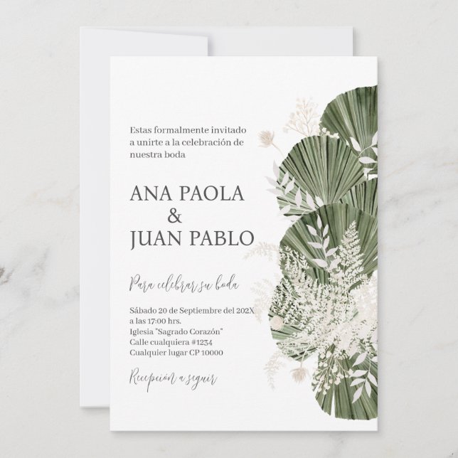Invitación a la boda española de verde (Anverso)