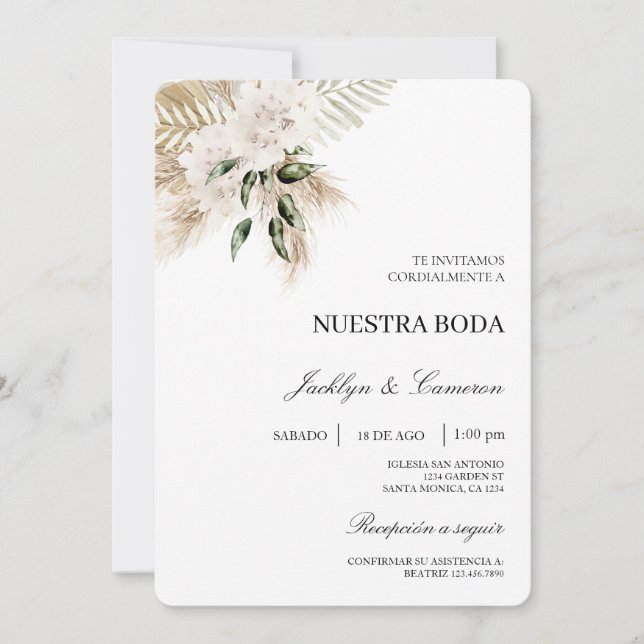 Invitación a la boda española del Boho Blanco (Anverso)