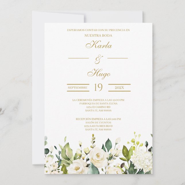Invitación a la boda española en rosa blanco (Anverso)