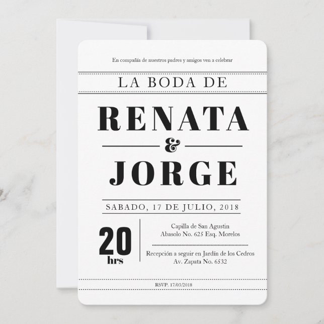 Invitación a la boda española estilo BLOCK (Anverso)