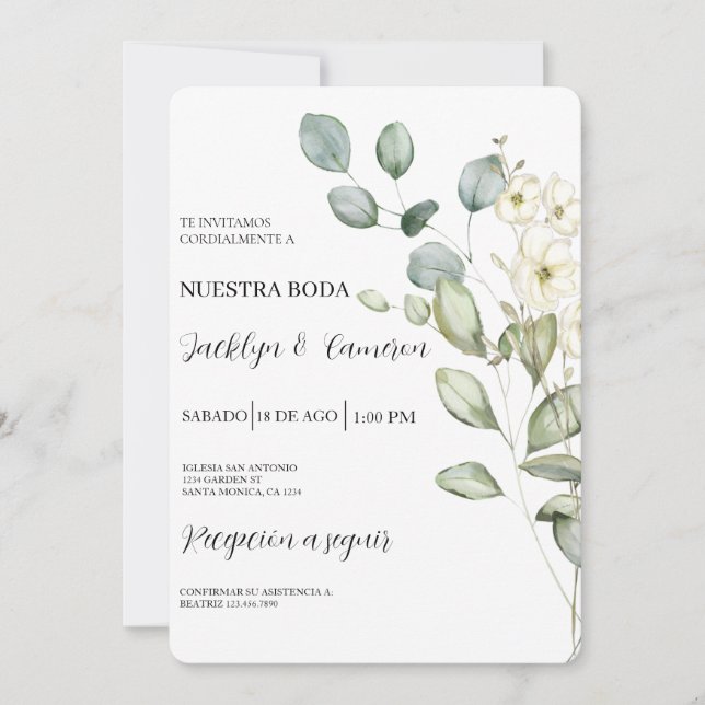 Invitación a la boda española Eucalyptus (Anverso)