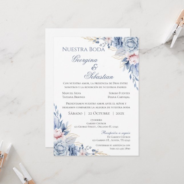 Invitación a la Boda Española Floral Azul (Anverso/Reverso In Situ)