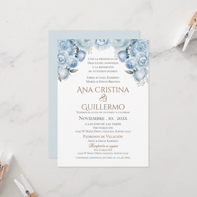 Invitación a la Boda Española Floral Azul (Anverso/Reverso In Situ)