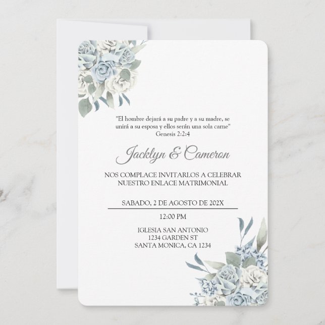 Invitación a la boda española floral azul y verde (Anverso)