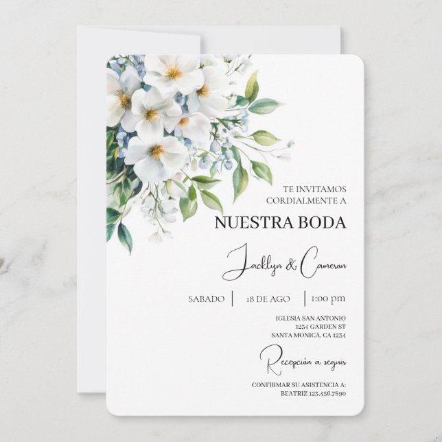 Invitación a la Boda Española Floral Blanca (Anverso)