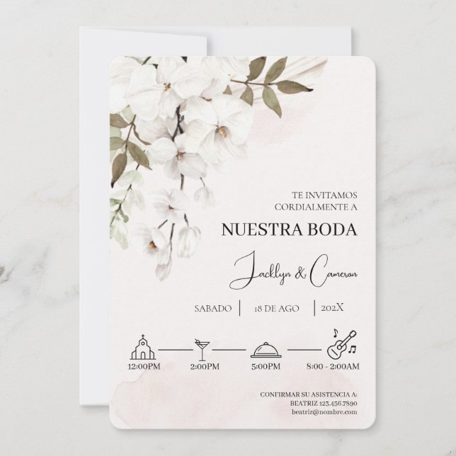 Invitación a la Boda Española Floral Blanca (Anverso)