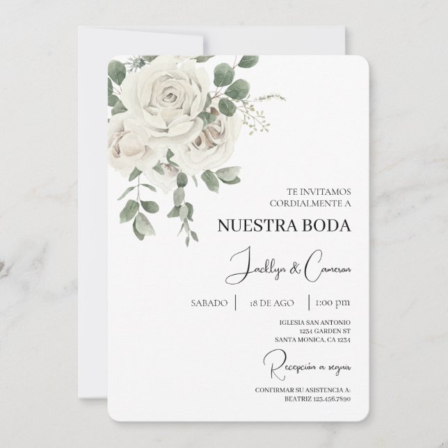 Invitación a la Boda Española Floral Blanca (Anverso)