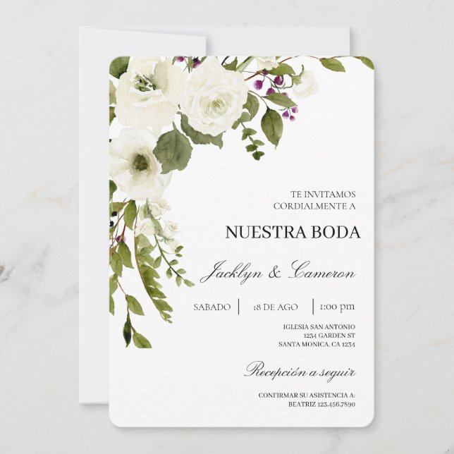Invitación a la Boda Española Floral Blanca (Anverso)