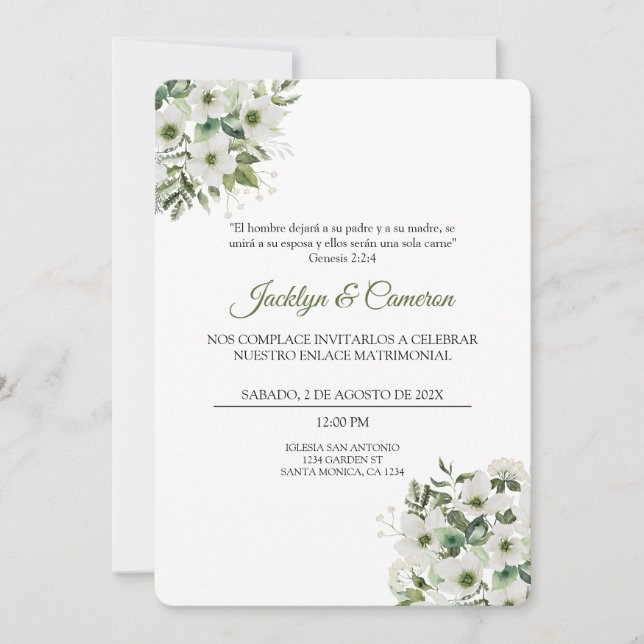 Invitación a la boda española floral blanca y verd (Anverso)