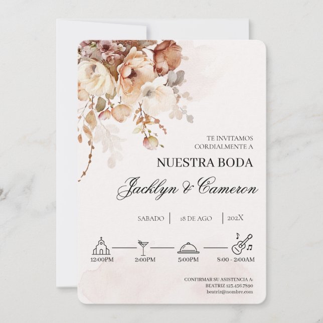 Invitación a la boda española floral de Terracota (Anverso)