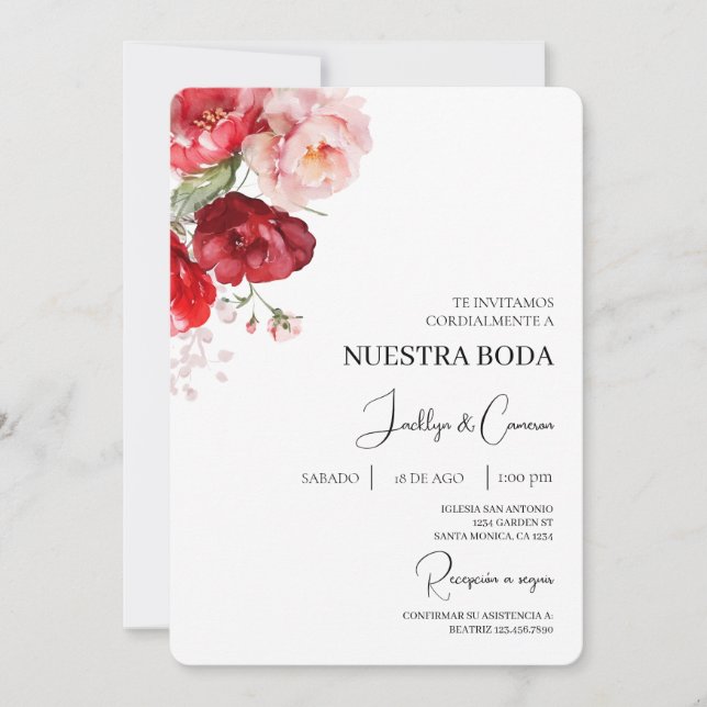 Invitación a la Boda Española Floral Roja (Anverso)