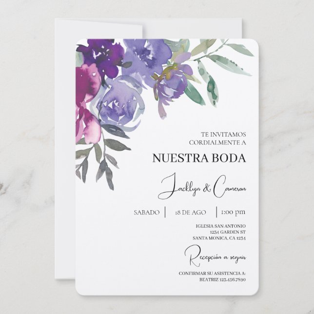 Invitación a la Boda Española Floral Roja y Morada (Anverso)