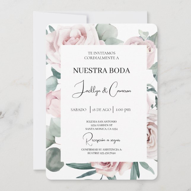 Invitación a la Boda Española Floral Rosa y Verde (Anverso)