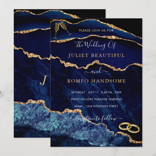 Invitación a la boda espumosa de Purpurina de oro  (Anverso / Reverso)