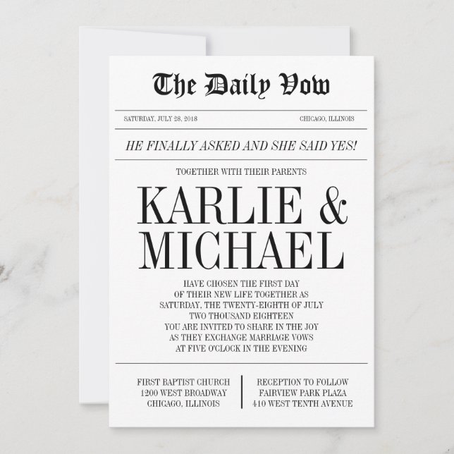 Invitación a la boda estilo periódico (Anverso)