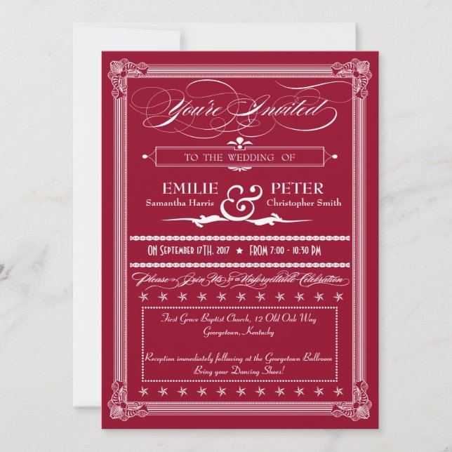Invitación a la boda estilo Poster blanco y borgoñ (Anverso)