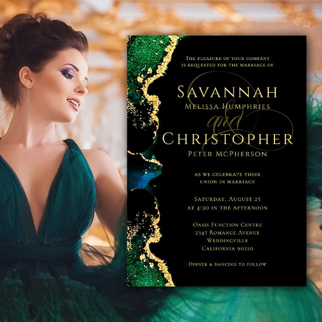 Invitación a la boda etérea del oro negro verde ag (Agate Green Black Gold Ethereal Wedding Invitation. Model from Pexels.)