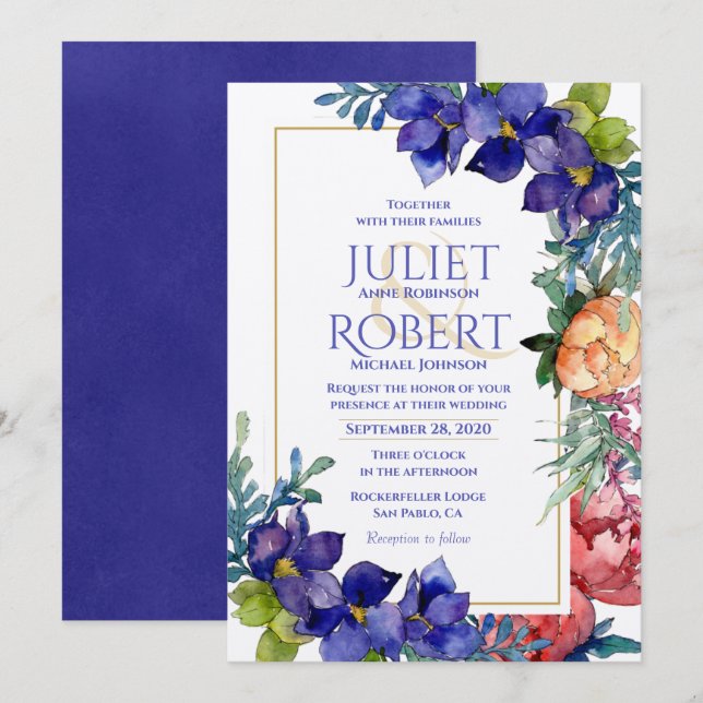 Invitación a la boda | Felicidad Floral acuarela (Anverso / Reverso)