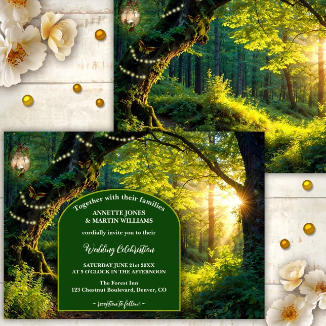 Invitación a la boda festiva encantada (Elegant wedding invitation showing a path in an enchanted forest with festive lights and butterflies)