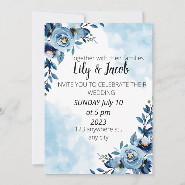Invitación a la boda Flor azul Bouquet acuarela (Anverso)