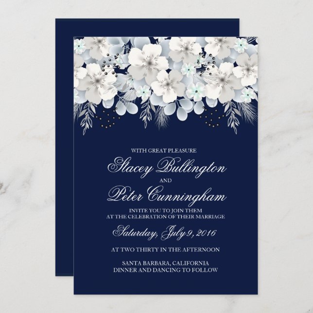 Invitación a la boda flor blanca sakura azul marin (Anverso / Reverso)
