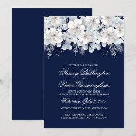 Invitación a la boda flor blanca sakura azul marin