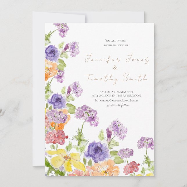 Invitación a la boda flor morada amarilla y naranj (Anverso)