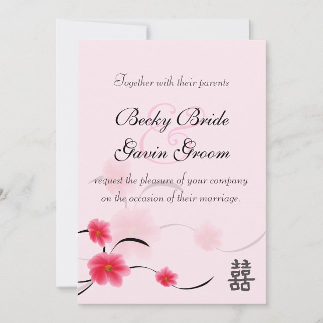 Invitación a la boda Flor Rosa Doble Felicidad (Anverso)