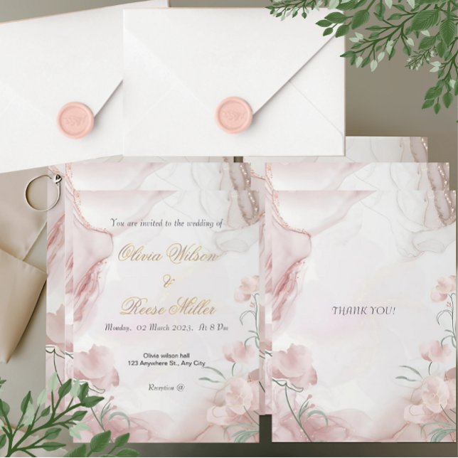 Invitación a la boda floral (Elegant blush floral wedding invitation with watercolor design and gold accents for your special day)
