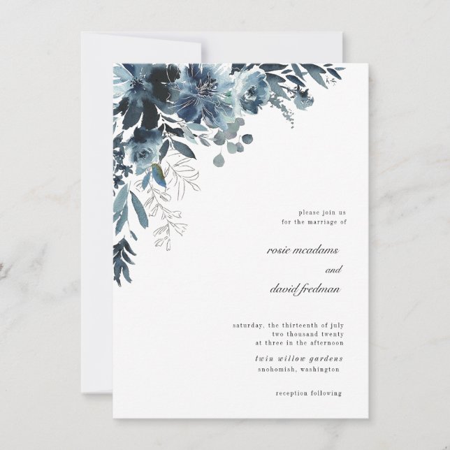 Invitación a la boda floral acuarela de la Marina (Anverso)