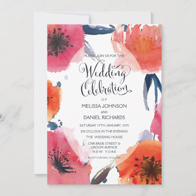 Invitación a la boda floral acuarela de la Marina (Anverso)