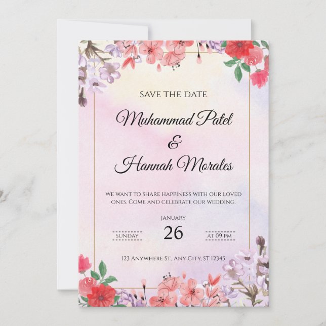 Invitación a la boda floral acuarela elegante (Anverso)