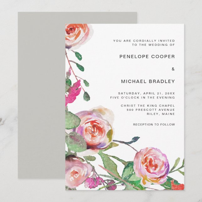 Invitación a la boda floral acuarela en gris (Anverso / Reverso)
