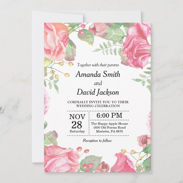 Invitación a la boda floral acuarela rosa Floral (Anverso)