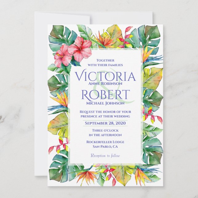 Invitación a la boda | Floral acuarela tropical (Anverso)