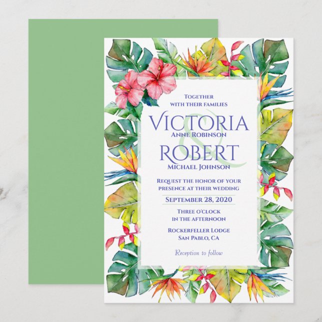 Invitación a la boda | Floral acuarela tropical (Anverso / Reverso)