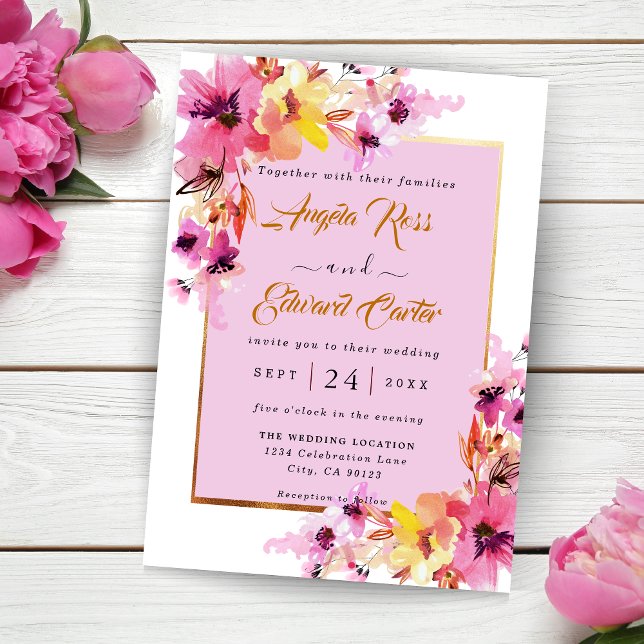 Invitación a la boda floral acuática rosa y dorada (Subido por el creador)