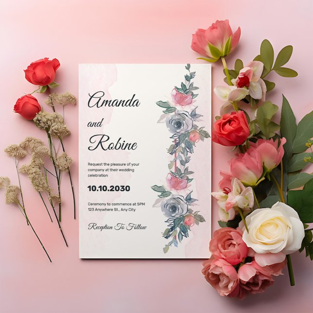 Invitación a la boda floral acuática rosa y marina (Subido por el creador)