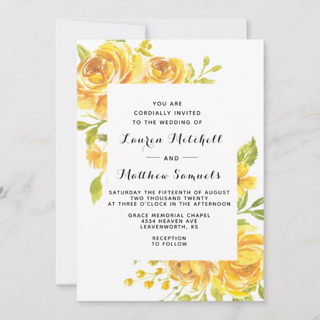 Invitación a la boda floral amarilla (Anverso)