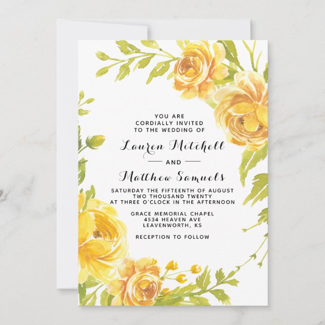 Invitación a la boda floral amarilla (Anverso)