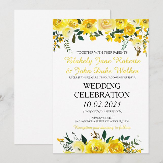 Invitación a la boda floral amarilla (Anverso / Reverso)
