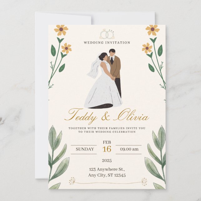 Invitación a la boda floral amarilla con encanto v (Anverso)