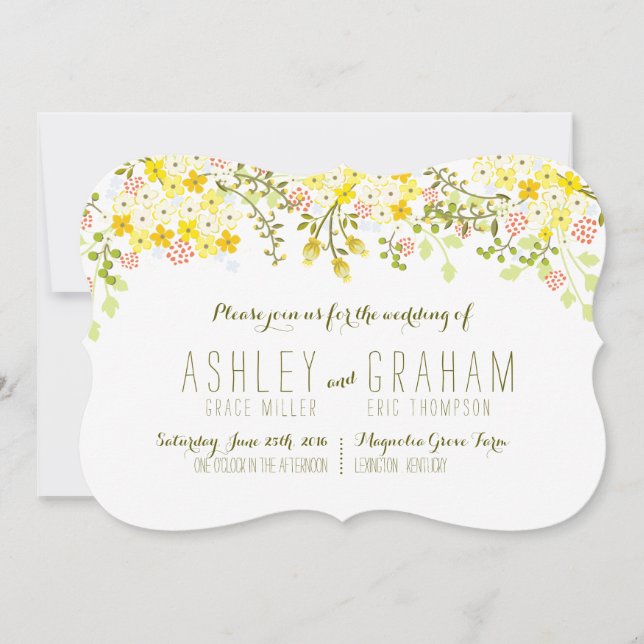 Invitación a la boda floral amarilla con gloria de (Anverso)