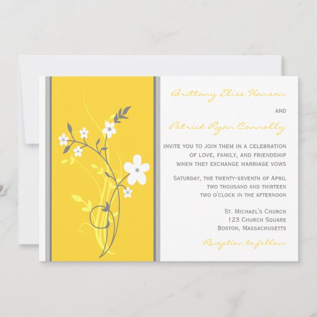 Invitación a la boda floral amarilla, gris y blanc (Anverso)