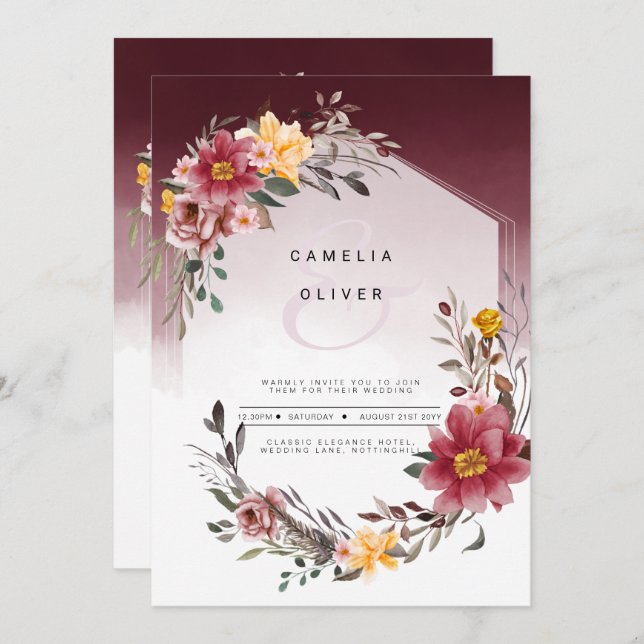 Invitación a la boda floral amarilla LeahG Burgund (Anverso / Reverso)