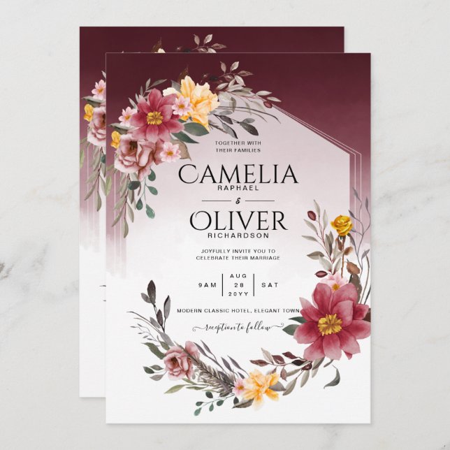 Invitación a la boda floral amarilla LeahG Burgund (Anverso / Reverso)