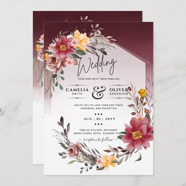 Invitación a la boda floral amarilla LeahG Burgund (Anverso / Reverso)