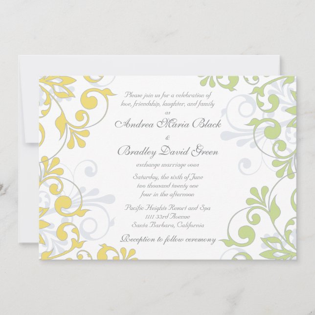 Invitación a la boda floral amarilla, verde y blan (Anverso)
