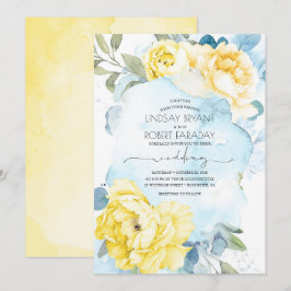Invitación a la boda floral amarilla y azul turbio